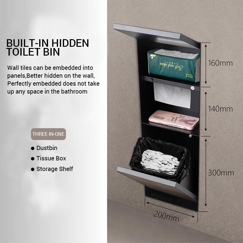 B05 Hot-Selling Embedded Trash Can for Bathroom SUS304 Hidden Trash Bin with tissue box Niche Recessed Functional invisible